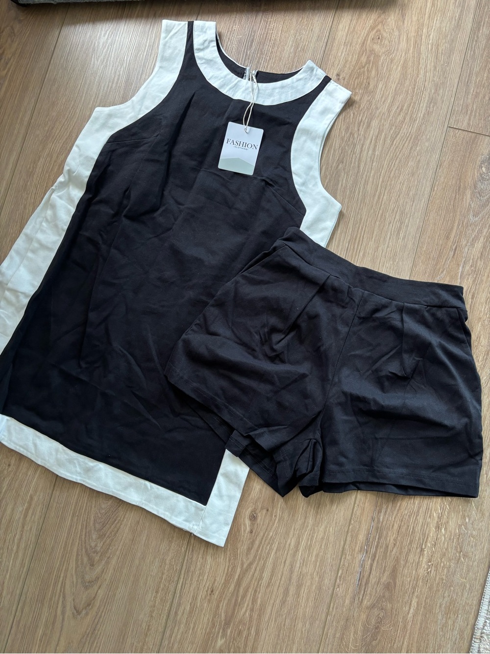 New Black & White Sleeveless Tunic with Black Shorts